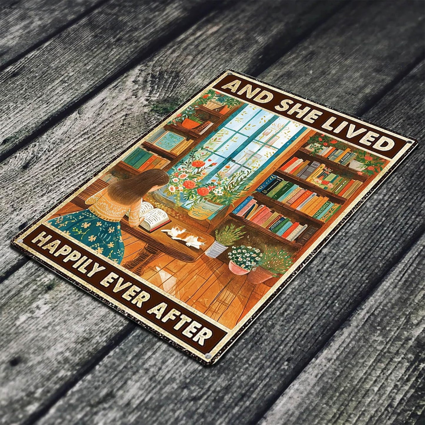 Vintage Garden Signs Reading Poster for Home Living Room Wall Art Decor Aesthetic - And She Lived Happily Ever After, Cottagecore Tin Sign 8X12 Inches