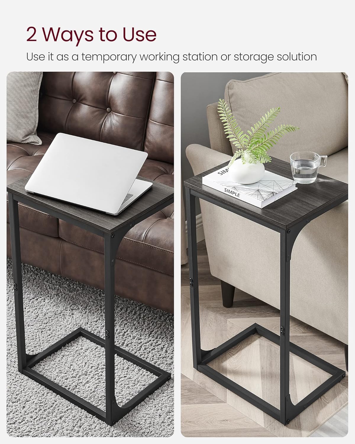 VASAGLE C-Shaped End Table, Side Table for Sofa, Couch Table with Metal Frame, Small TV Tray Table for Living Room, Bedroom, Ebonized Oak Finish and Black ULET353B42