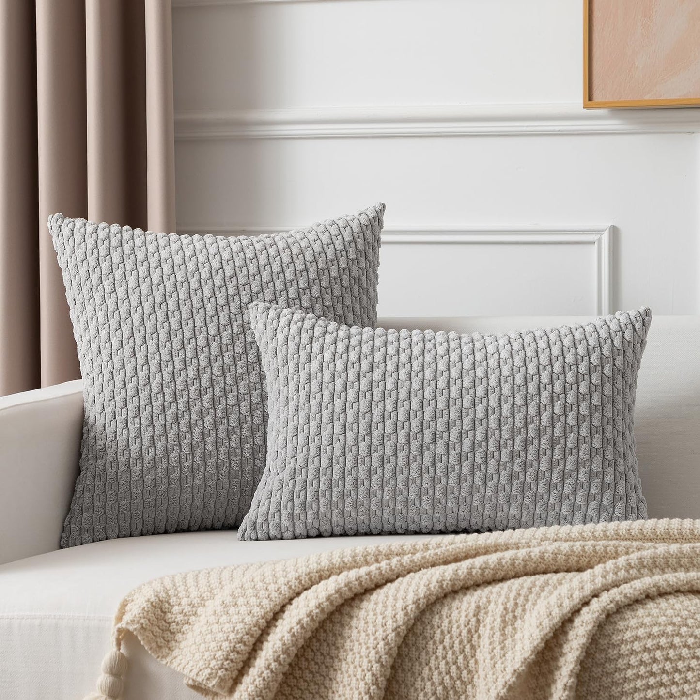 Kevin Textile Decor Solid Decorative Pillow Case Striped Jacquard Cushion Cover for Lumbar Light Grey 12x20 Inch (30x50cm) 2 Pieces