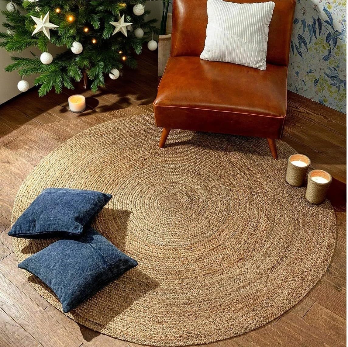 MDS Pack of 1 Handwoven Braided Jute Area Rug - 5 feet Round - Natural Reversible for Home Decor, Living Room Doormat Kitchen, Entryway Rug, Jute Burlap Braided Rag Rug, Rustic, Farmhouse (5' Round)