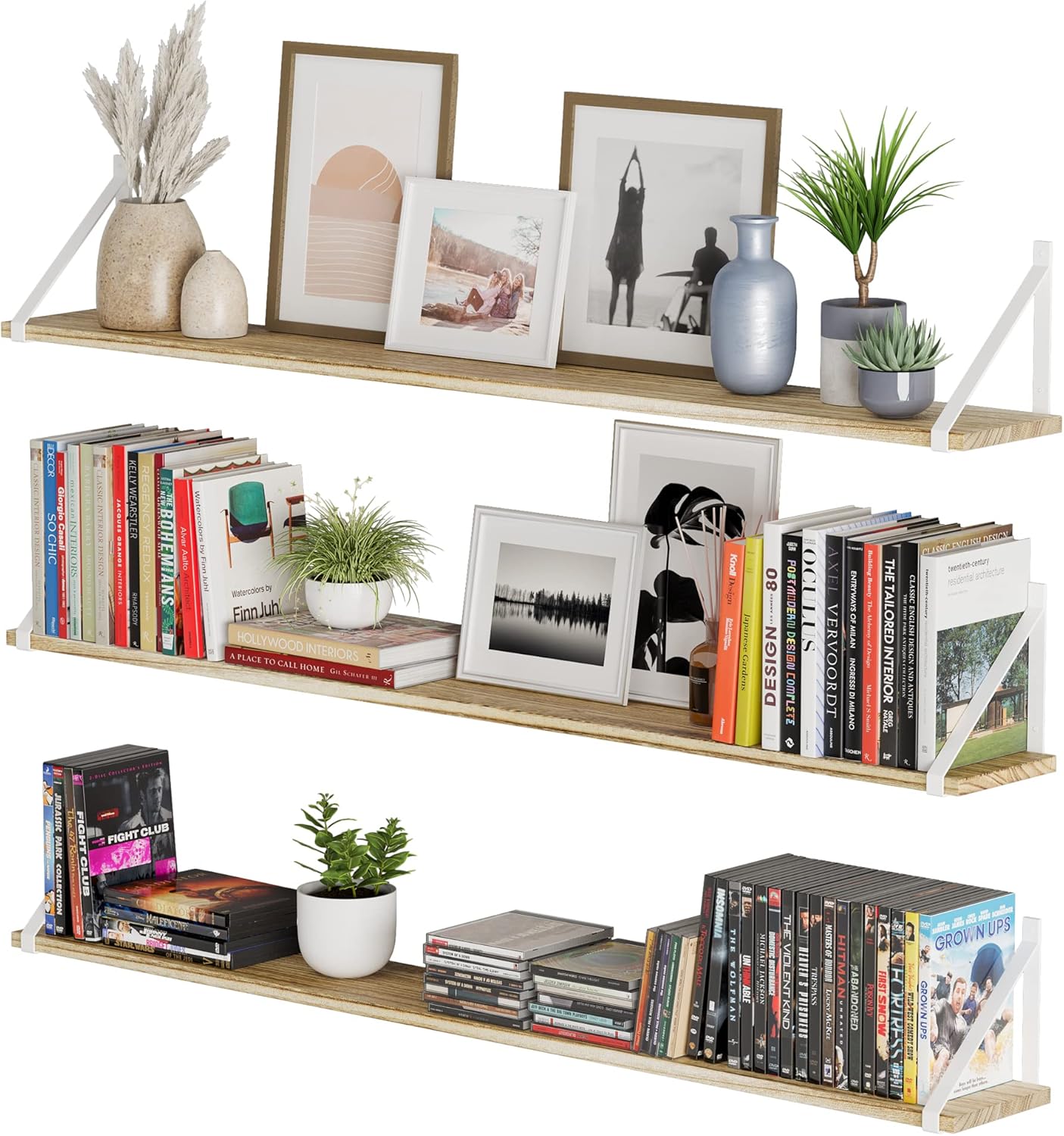 Wallniture Bora Long Floating Shelves, 48" x 6" Wall Bookshelf Living Room Decor, Rustic Wall Mounted Shelves for Bedroom, Office, Kitchen and Bathroom, Set of 3, Burnt