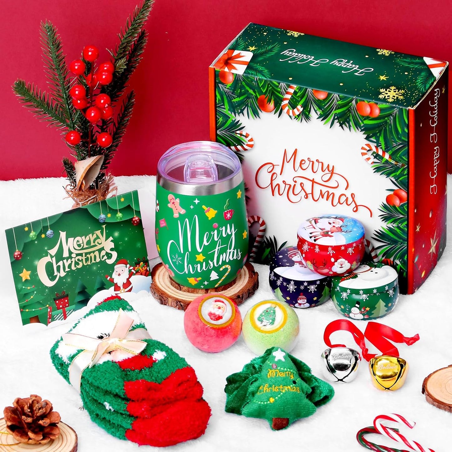 Women Gifts Baskets Christmas Spa Gift Basket Unique Holiday Gift Basket Gifts Ideas Set Xmas Gifts with 15oz Tumbler Sock for Teacher, Nurse, Coworker, Sister (Green)
