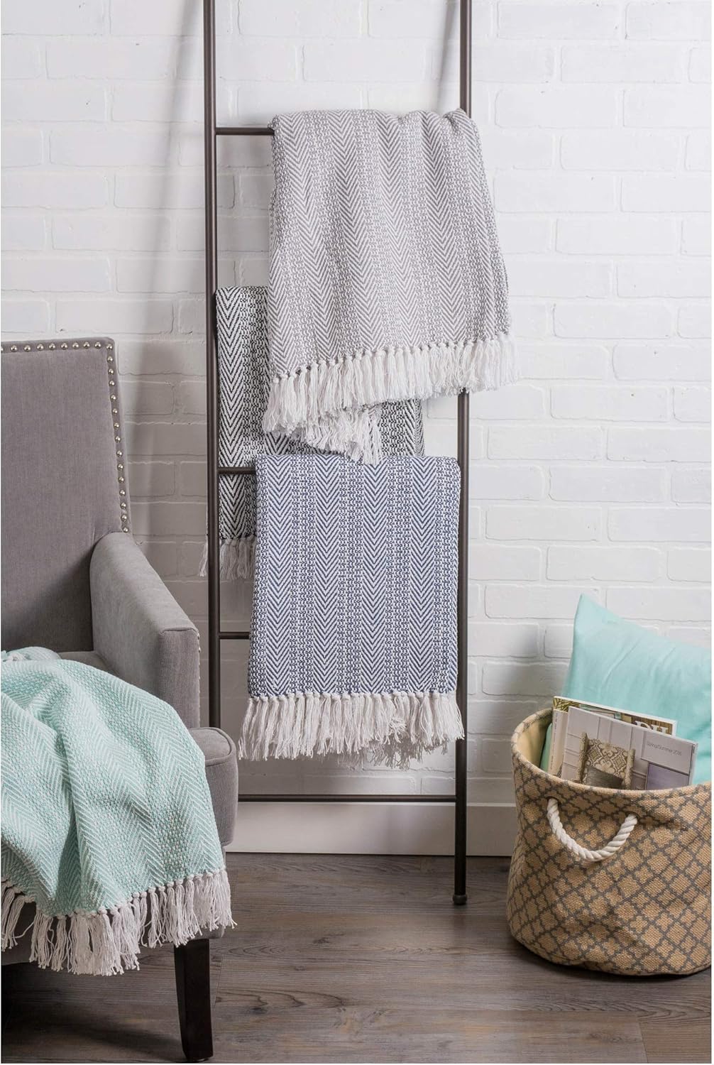DII Herringbone Striped Collection Cotton Throw Blanket, 50x60, Nautical Blue
