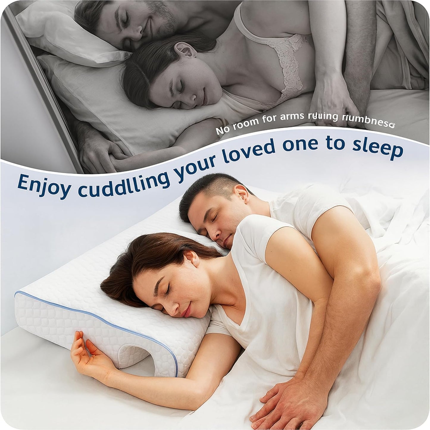 Ergonomic Memory Foam Cuddle Pillow, Arched Side Sleeper Pillow with Arm Tunnel and Arm Hole, Under Arm Support Pillow for Neck and Arm Pressure Relief, Removable Cover (Right Arm)