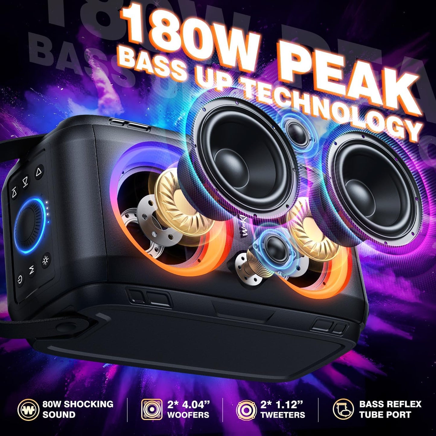 W-KING Party Bluetooth Speaker Boom Box, 180W Max Big Large Loudest Wireless Outdoor Portable Speaker 4 Drivers with 2*4.04'' Subwoofer, 80W HD Huge 105dB Pulse Natur Deep Bass, IPX5/24H/EQ/USB/TF/AUX