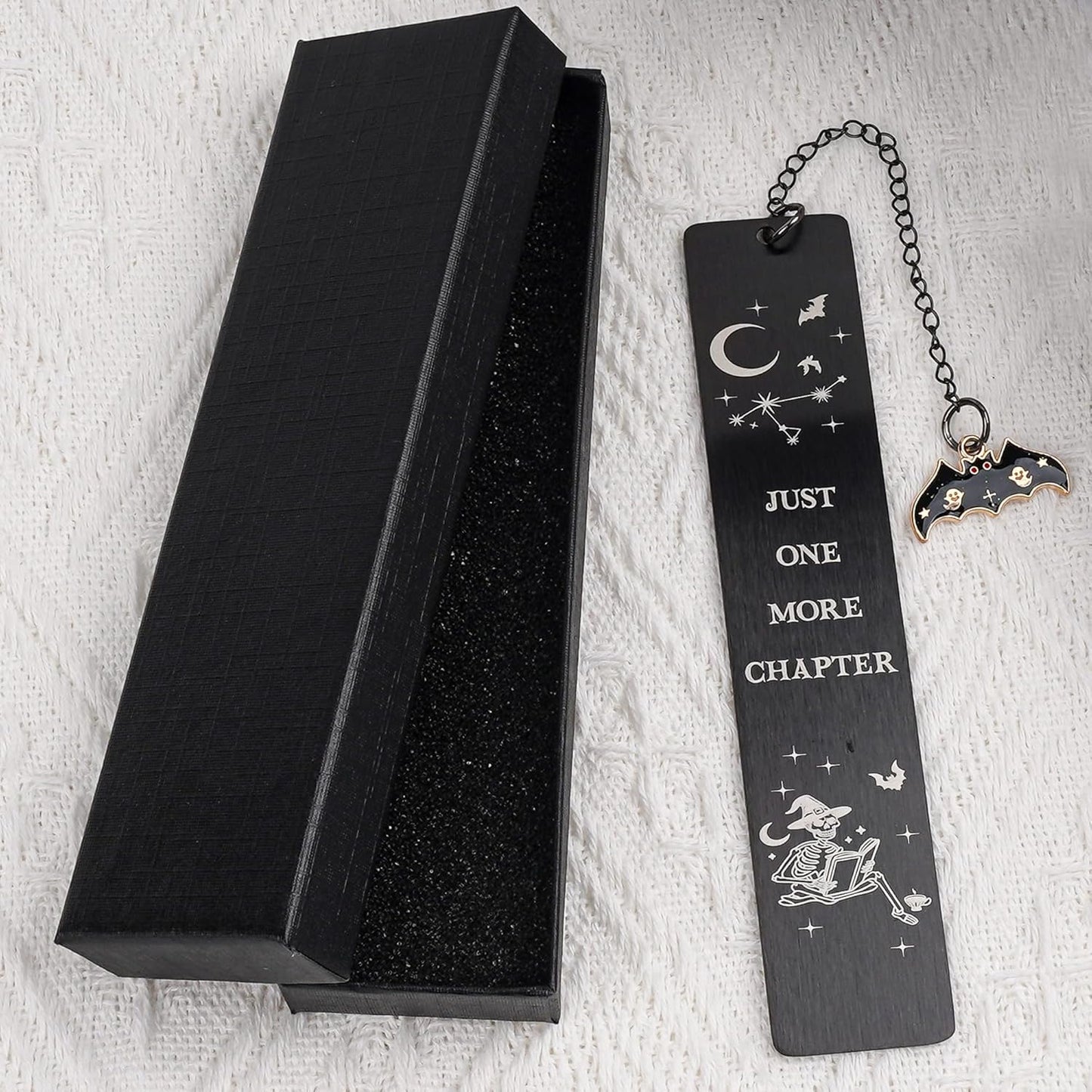 Gothic Skeleton Metal Bookmark Gifts - Just One More Chapter Bookmarks for Readers, Funny Book Lover Present for Birthday Halloween Christmas Graduation (Black)