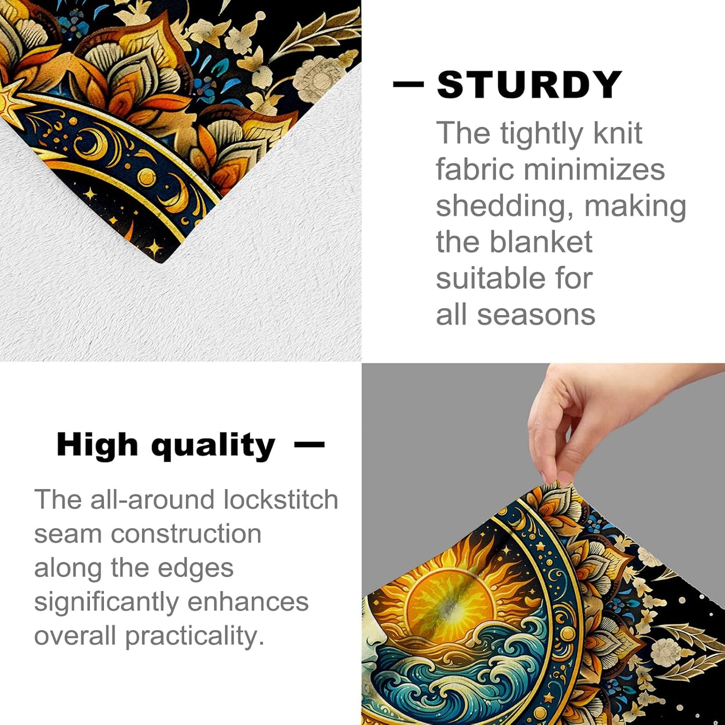 Boho Moon and Sun Blanket for Spiritual Lovers, Mandala Flannel Blankets, Mystical Aesthetic Gifts, Soft Warm Cozy Throws for Sofa Couch Bed Living Room Bedroom Home Decor 60" x 50"