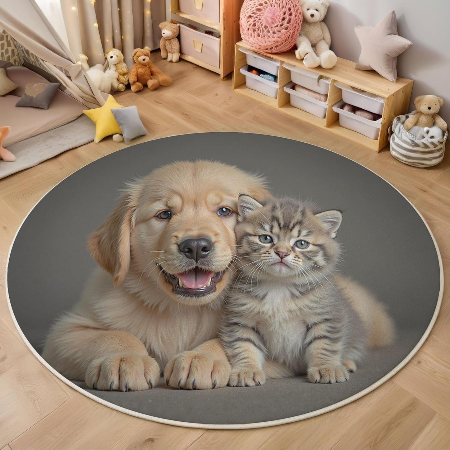 Washable Cute Golden Retriever Cat Area Rug, 5.25Ft Round Rugs for Living Room Soft Carpet for Bedroom Animal Theme Indoor Stain Resistant Non-Shedding Floor Carpet, Gray, 5.25Ft-Round