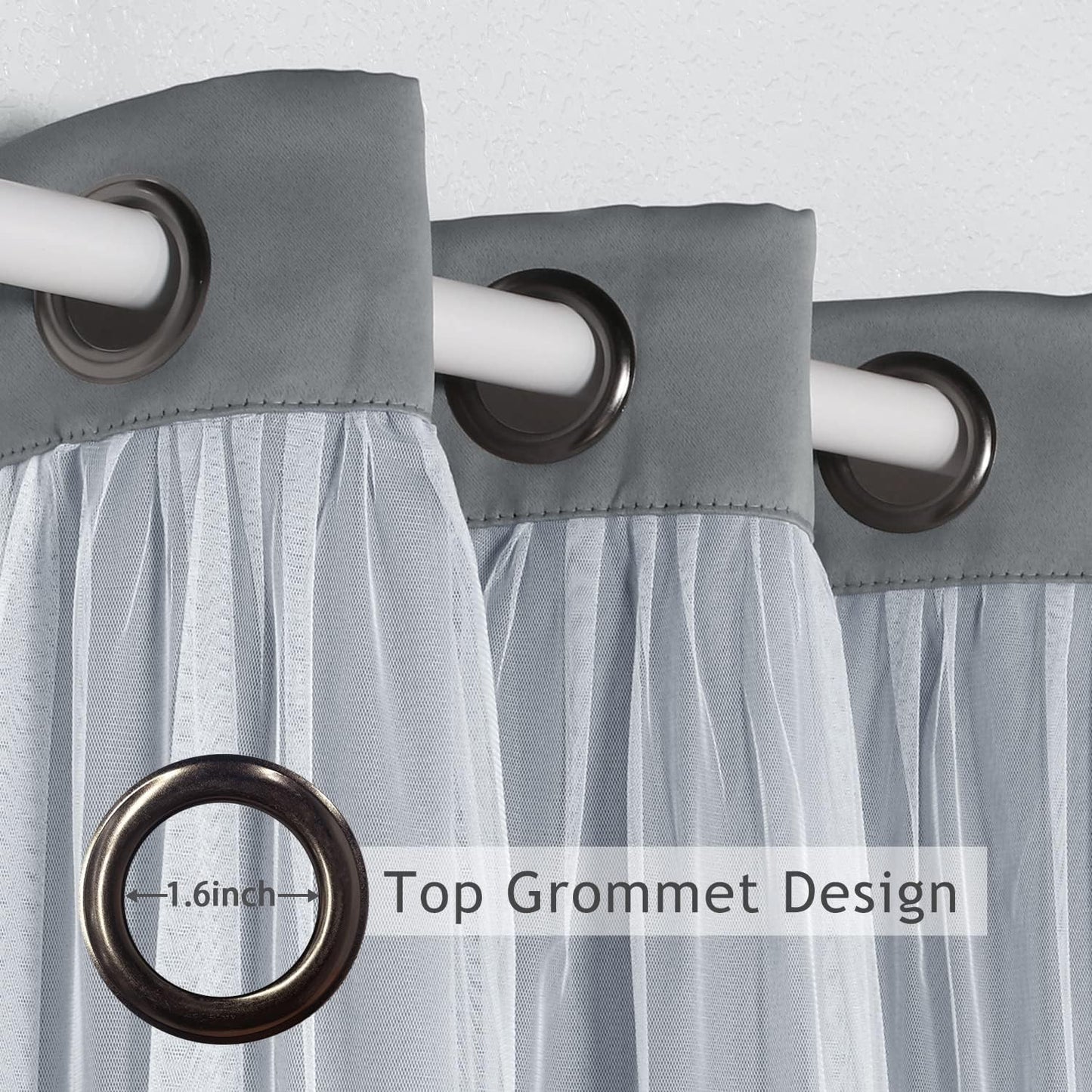 BONZER White Sheer Tulle Overlay Blackout Curtains Grommet Top Mix and Match Curtains for Bedroom, Cloud Grey, 52x63 Inch, Set of 2 Panels