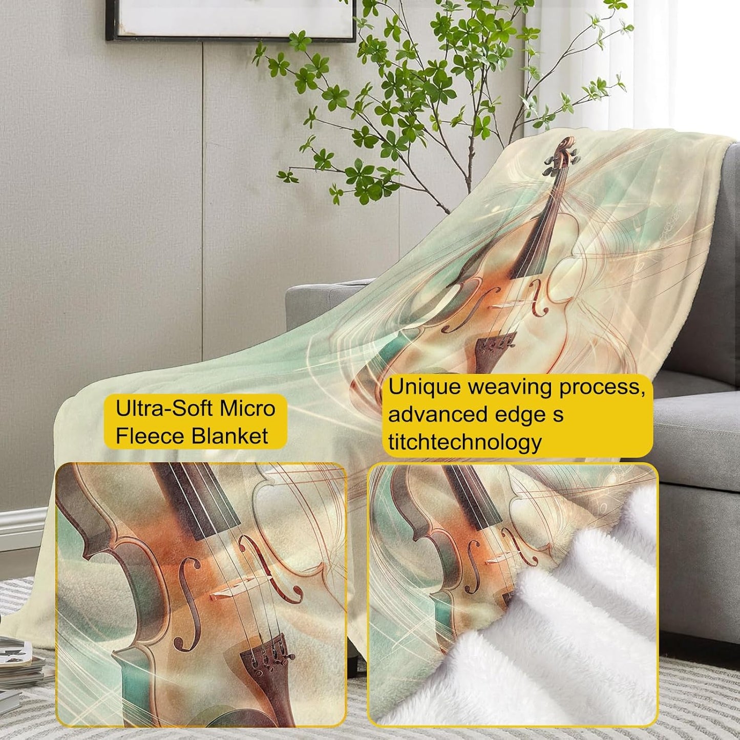 Vintage Violin Flannel Blanket,Music-Themed Soft Lightweight Throw Blankets Gifts for Women Girls,50" x 60" Perfect for Couch Bed Home Travel Decor