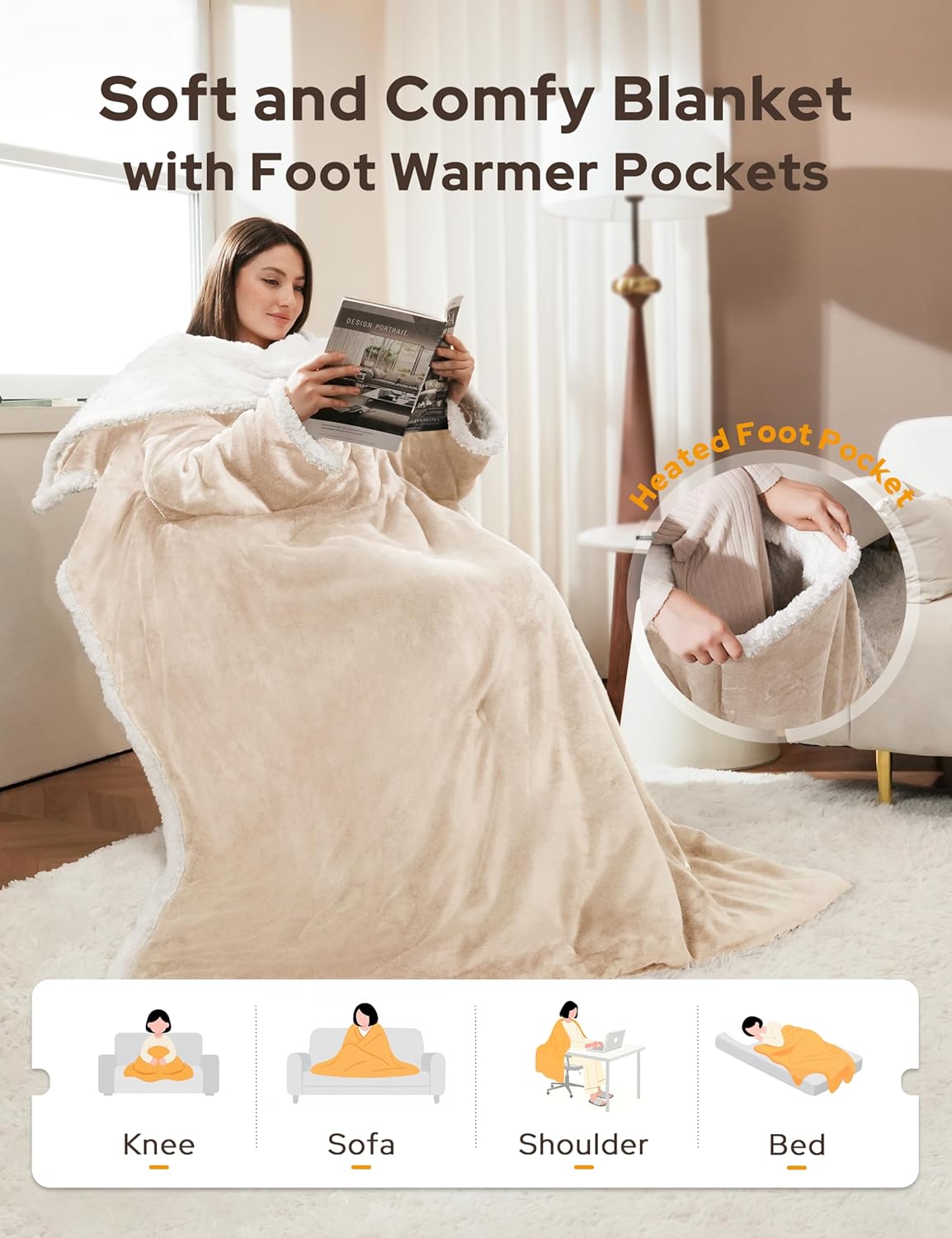 NIORSUN Heated Blanket Throw with Foot Pocket, Wearable Electric Blanket with 9 Heating Levels & 10 Time Settings, Ultra-Soft Flannel & Sherpa, Cozy Gift for Family and Friends, 50 * 70", Beige