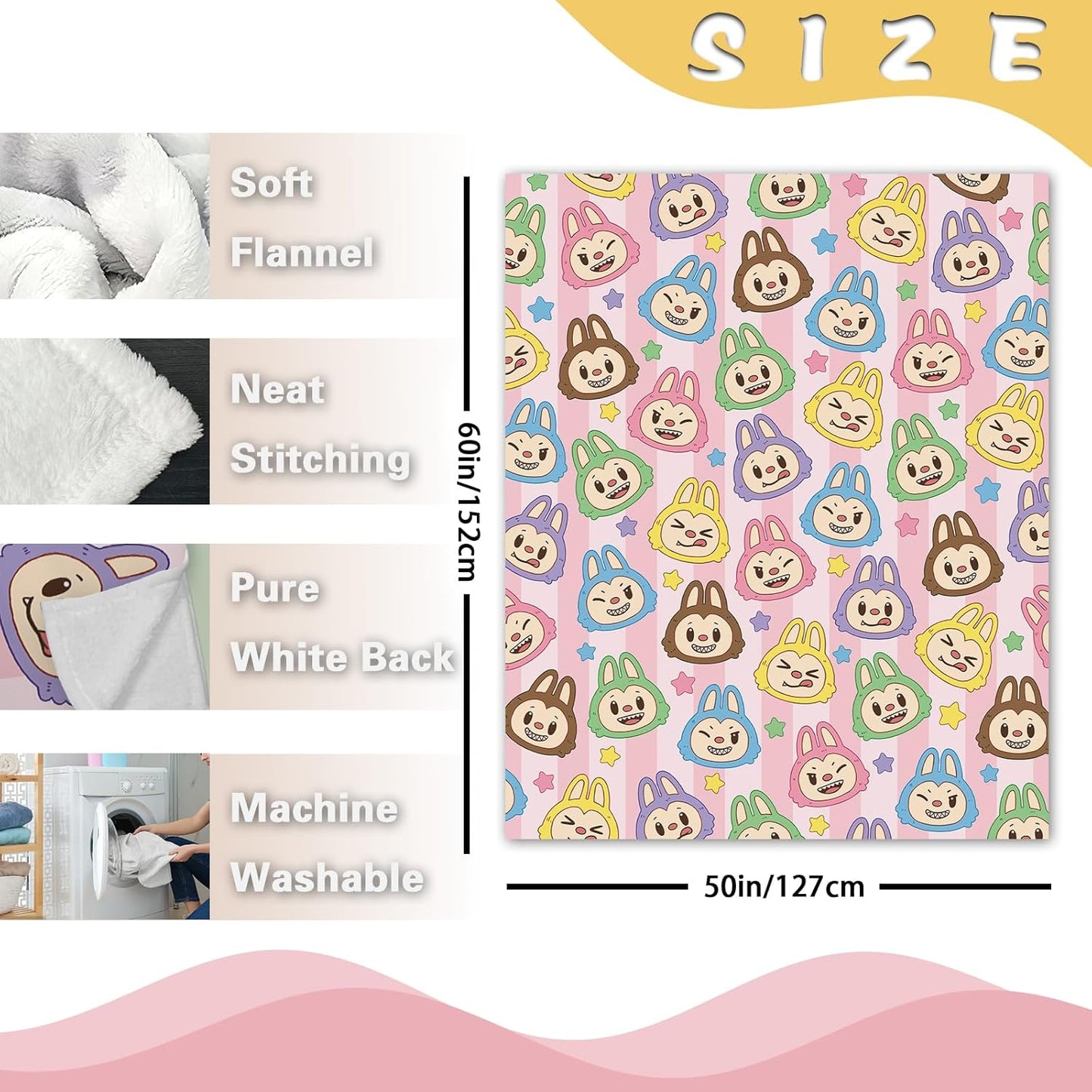 Pycat Cute Macaron Flannel Throw Blanket, Monster Stars Birthday Gifts for Men Women Adults, Stripes Soft Blankets for Bedding Sofa 50 x 60 Inches