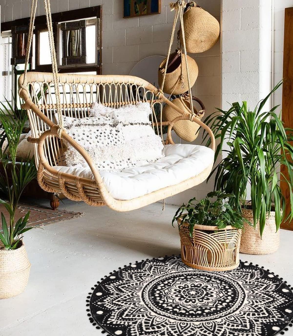 Uphome Boho Round Rug for Bedroom 3' Circle Mandala Black Bathroom Rug with Pom Poms Fringe Washable Circular Accent Throw Rugs Non-Slip Soft Floor Mat for Entryway Living Room Sofa Kids Room Nursery