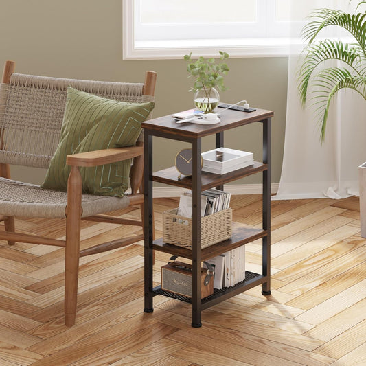 Narrow Nightstand with 4-Tier Shelves, Small Side Table with Charging Station, Skinny Nightstand with Bookshelf, Thin End Table with USB Ports and Outlets, Bed Side Table for Bedroom, Home Office