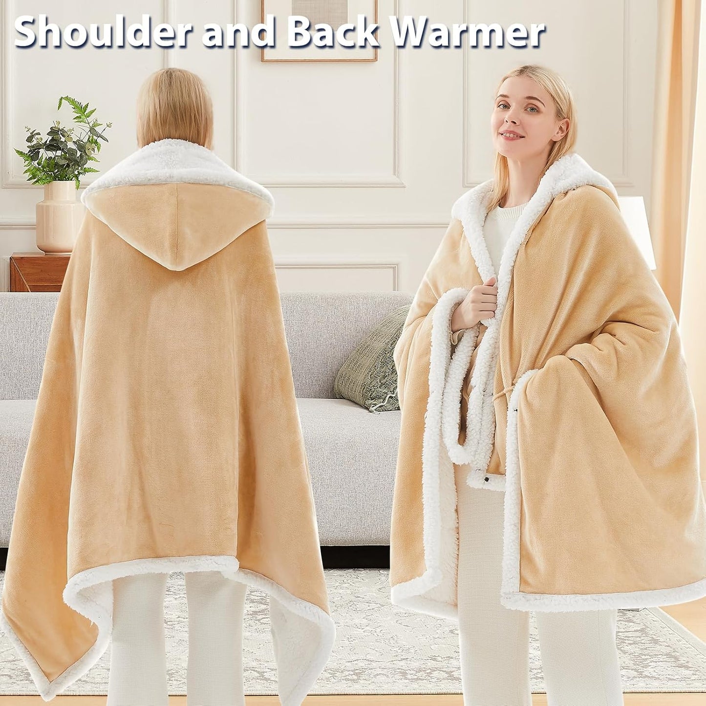 Heated Electric Blanket Shawl: Heating Throw Heated Poncho - Wearable Blanket Hoodie Wrap Sherpa with 10 Heat Levels & Multi Heating Time Settings (40x70'' Biege)