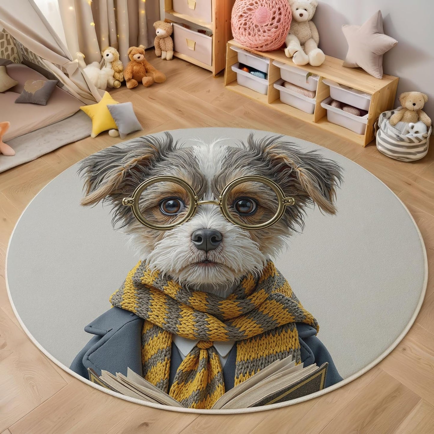 Modern Round Area Rug for Living Room, 6Ft Washable Round Rug Beige Retro Glasses Puppy Circle Rugs for Dining Room Table, Realistic Animal Style Small Circular Floor Carpet for Bedroom