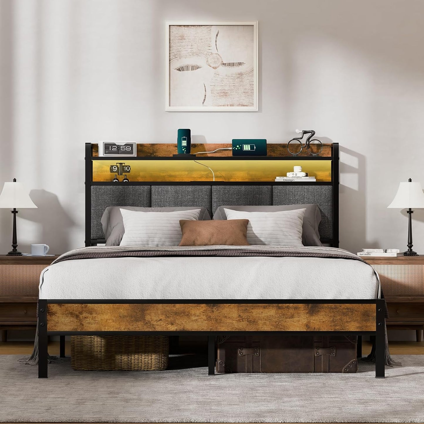Full Bed Frame with LED Light &Charging Station, Metal Platform Bed with 2-Tier Shelves & Under Bed Storage, Upholstered Headboard&Footboard,No Box Spring Needed,Noise Free,Easy Assembly,Vintage Brown
