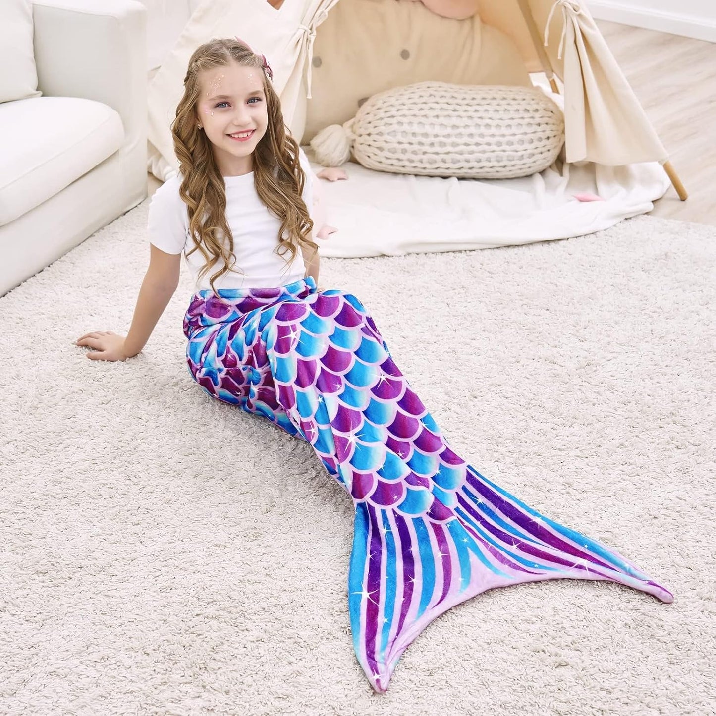 WERNNSAI Mermaid Tail Blanket – Plush Flannel Mermaid-Shaped Throw Blanket for Girls & Teens, Soft Cozy All-Season Blanket for Sofa, Bed & Travel, 55" x 24" (Blue)