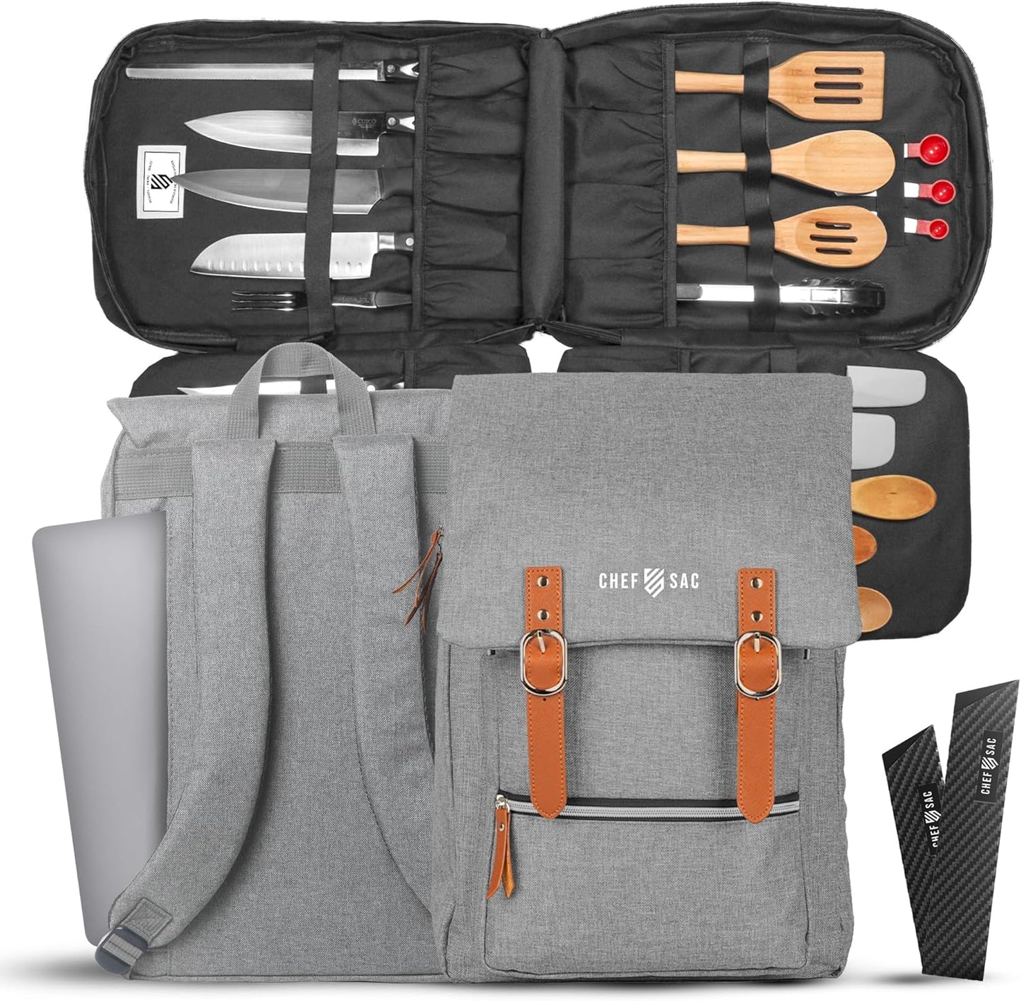 Chef Knife Bag Vintage Backpack | 30+ Pockets for Knives and Chef Tools | Knife Carrying Case with Hidden Back Pocket for Tablet | Sturdy Knife Bag for Chefs & Culinary Students (Heather Grey)