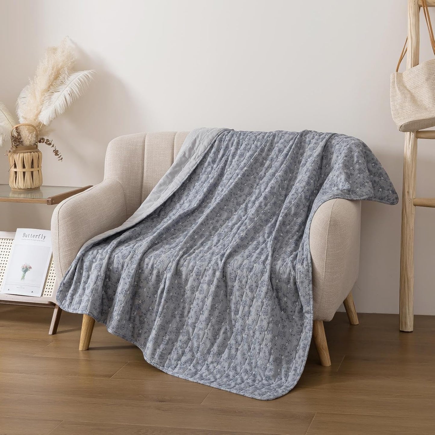 Soul & Lane Blue Whisper Diamond Cotton Quilted Throw Blanket - 50" x 60", Modern Gray Decorative Throw for Couch and Bed, Lightweight Contemporary Diamond Pattern Lap Quilt