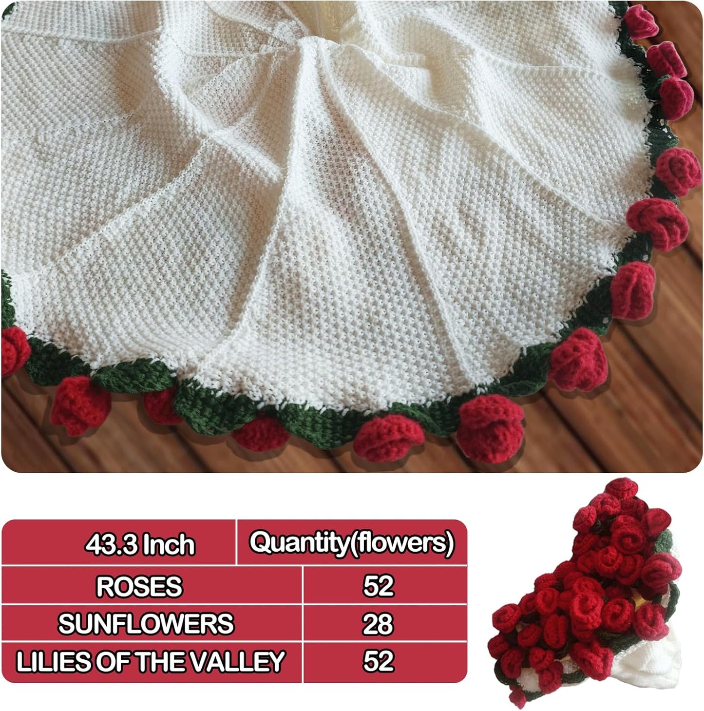 Handmade Crochet Flower Bouquet Blanket - 43.31" Soft Lightweight Round Throw, Romantic Knitted Home Decor, Great Gift for Women, Birthday, Valentine's Day, Christmas
