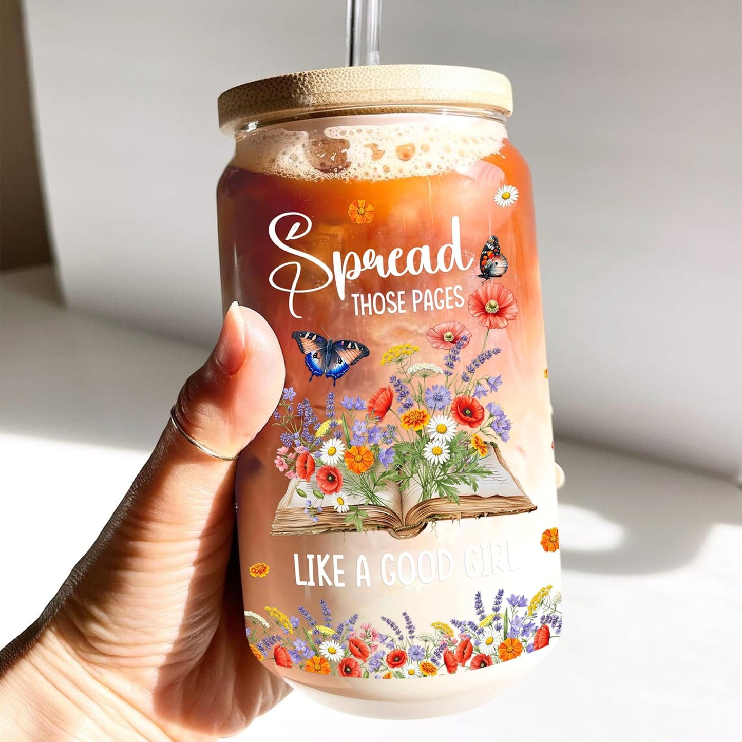 Gifts for Readers Book Lovers Women 16 oz Glass Cups with Lids and Straws Iced Coffee Tumbler Reading Accessories for Bookish Club Bookworms Teacher Librarian Friends Mother's Day Valentines