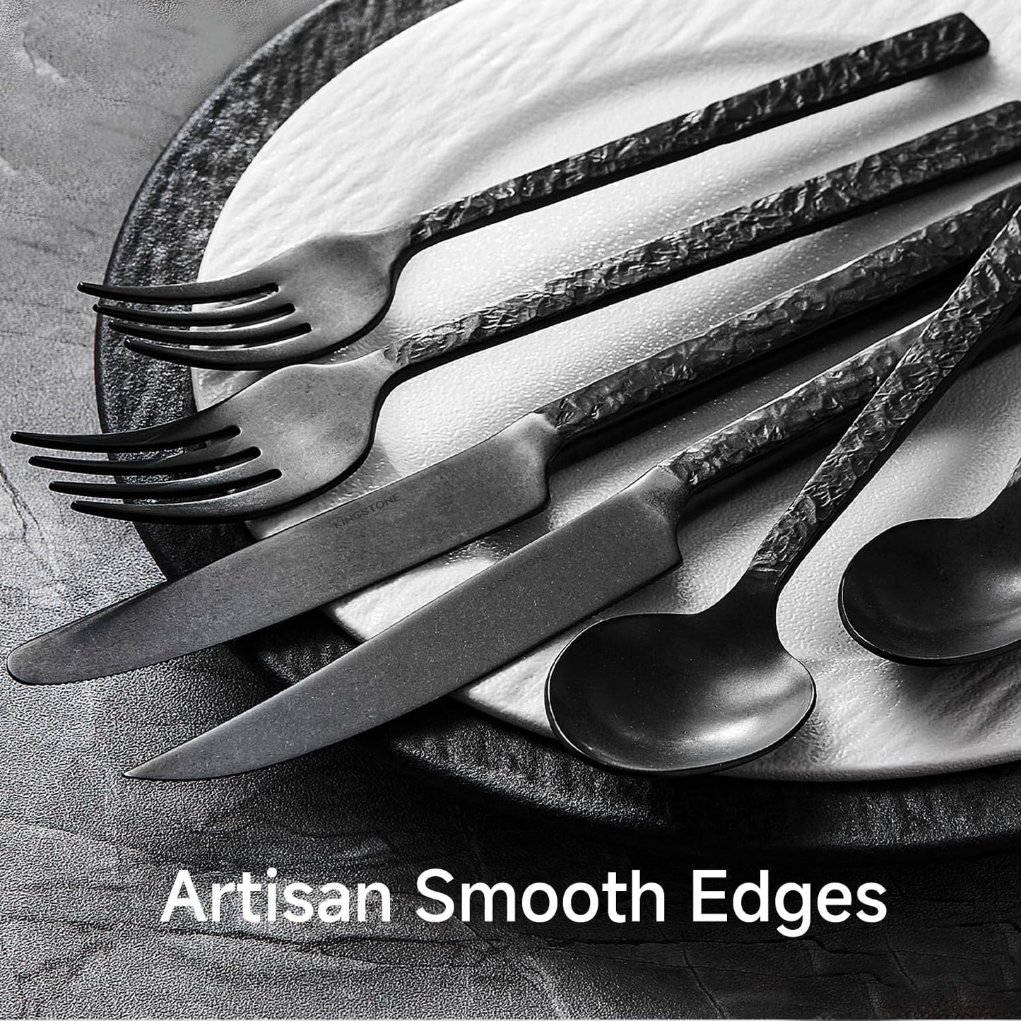KINGSTONE 48 Pcs Black Hammered Silverware Set with Steak Knives for 8, 18/10 Stainless Steel Heavy Duty Flatware Set, Tableware Cutlery Utensil Sets for Home Restaurant Dishwasher Safe