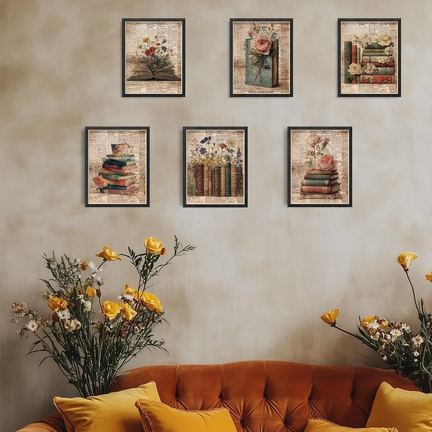INFUNLY 6 Set Vintage Book Flower Wall Art Print 8x10Inch Retro Floral Poster Pictures Text Background Canvas Wall Art Unframed Academia Aesthetic Pictures Prints for Bedroom Office Study Room Decor