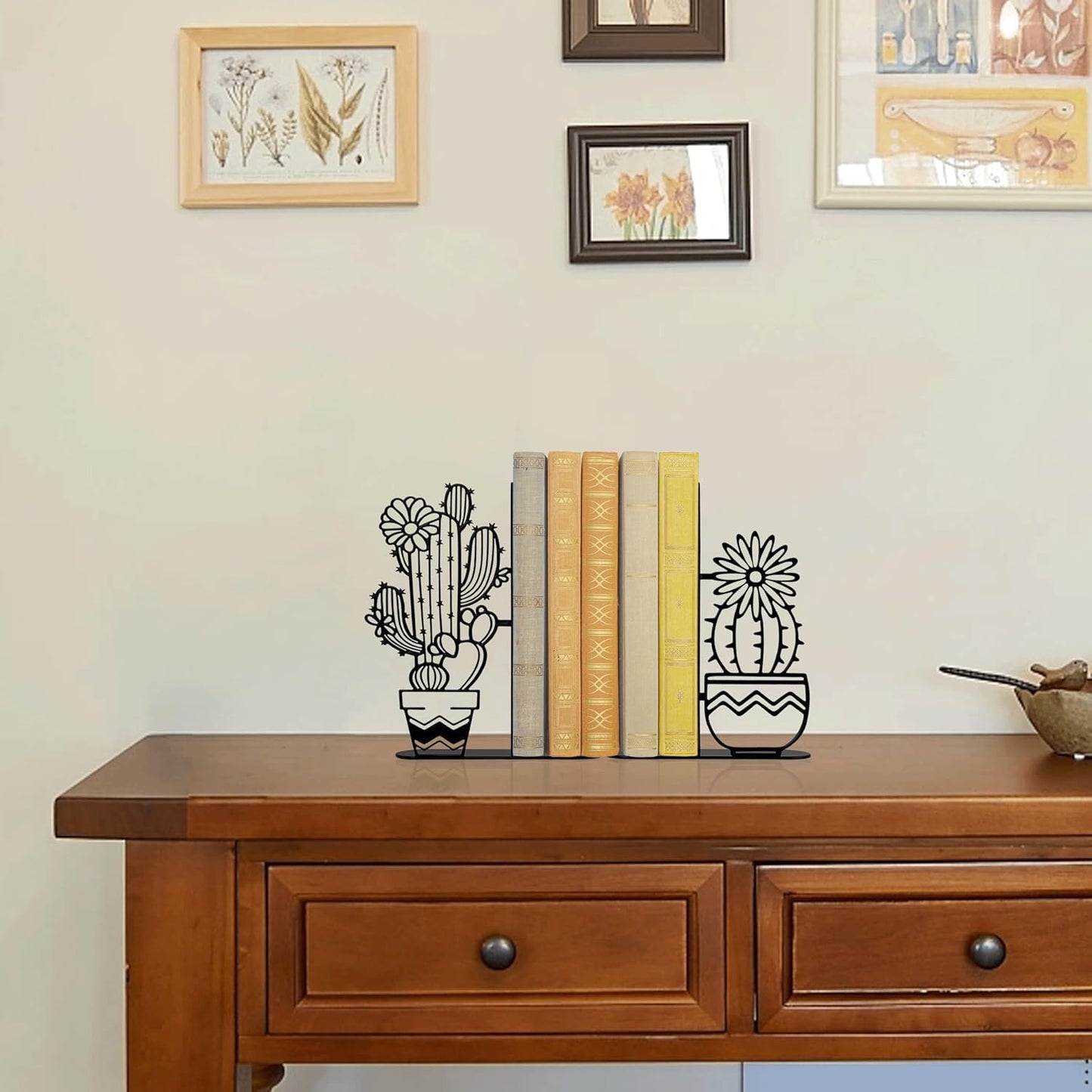 Metal Cactus Planter Book Ends, Dual Wave Pot Design Unique Cute Bookends with Rust Proof Coating, Home Office Decor & Gift for Book Lovers