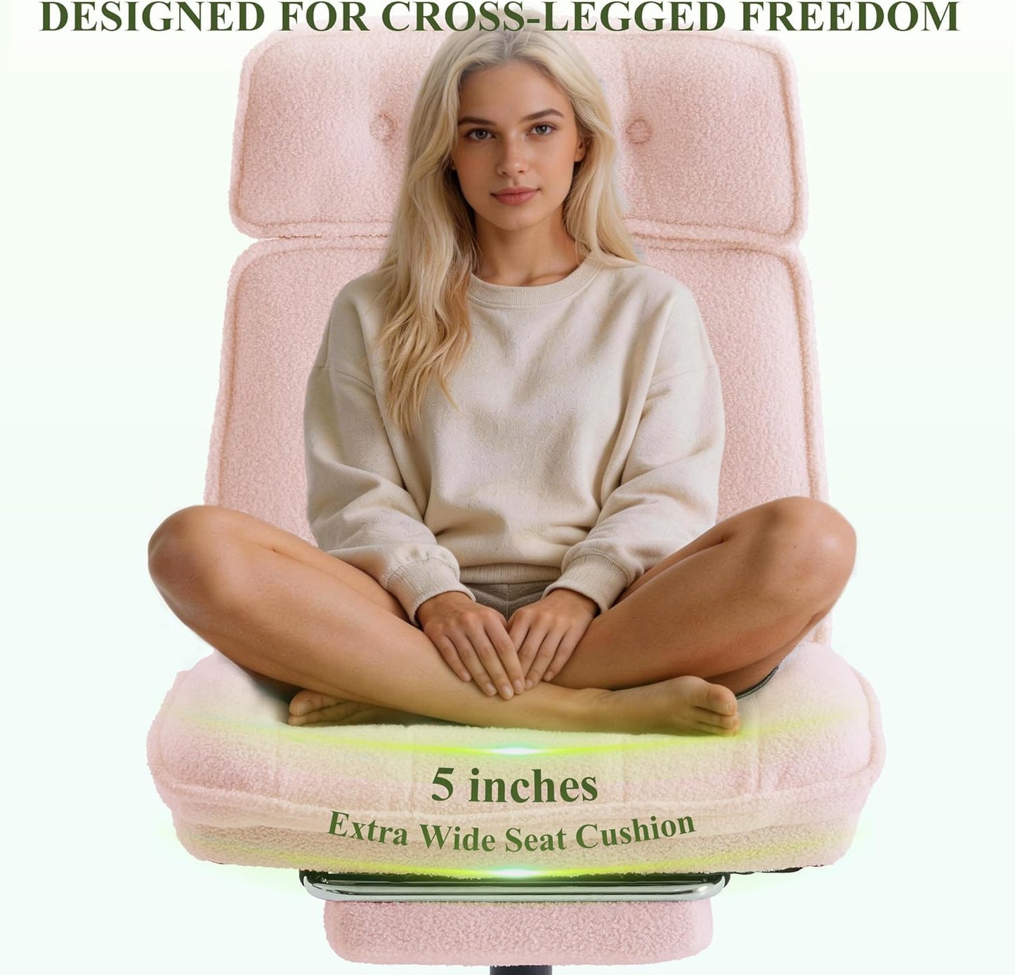 Criss Cross Chair with Wheels, Wide Seat Cross Legged Office Chair with Footrest, Adjustable Headrest & Reclining Backrest, Upholstered Ergonomic Desk Chair for Home Office, Gaming, Vanity (Pink)