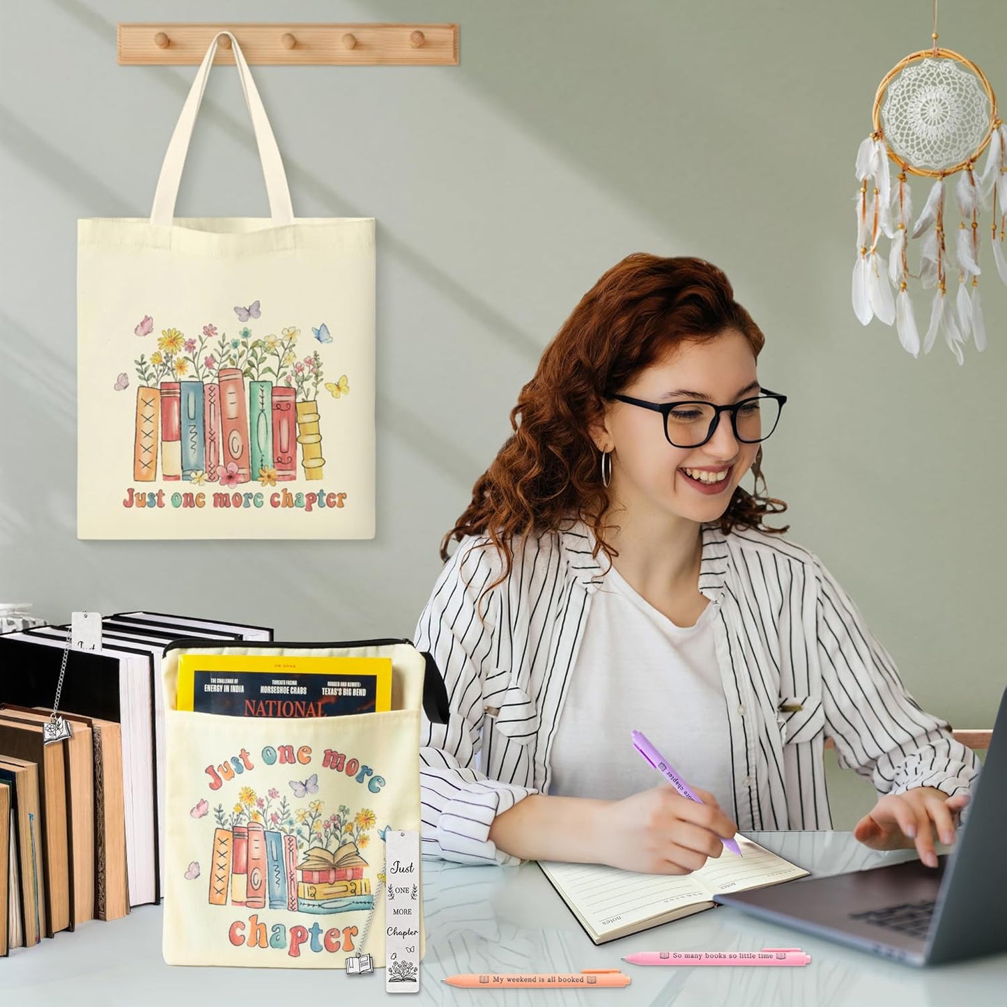 K1tpde Book Lover Gift for Women - 9PCS Retro Wildflower Bookworm Gift Set Canvas Tote Bag, Book Cover Sleeve, Notebook, Ballpoint Pen and Bookmark, Birthday Bookish Present Book Accessories for Women