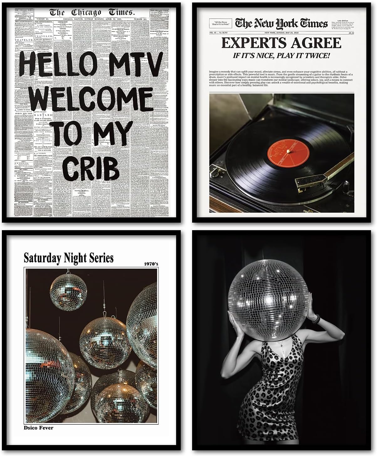 KDHTY Vintage 70s Disco Ball Newspaper Prints Wall Art,Retro Room Cheetah Print Decor,Trendy Black And White Newspaper Wall Art,Record Player Poster for Room Aesthetic,Vintage Decor for College Apartment 8x10 Unframed 4 Pcs