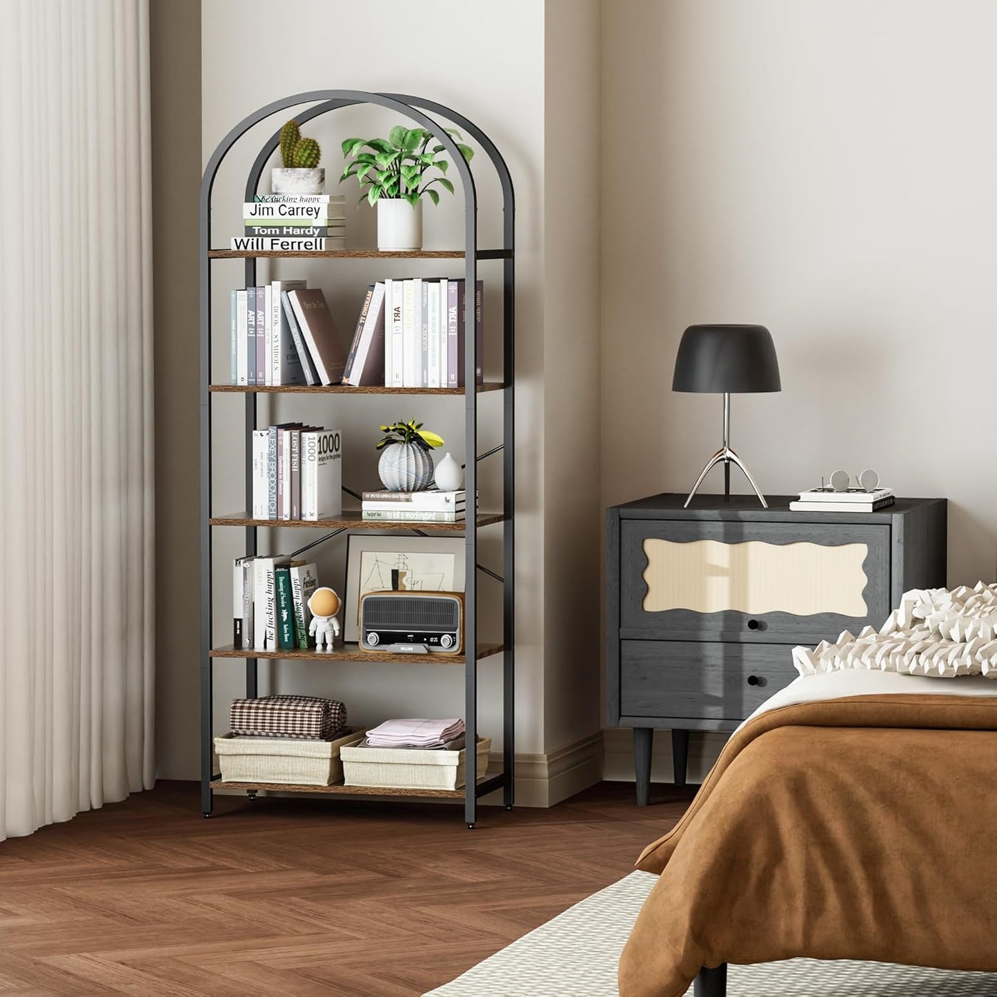 Homhedy 5-Tier Bookshelf Arched Display Racks, Wood and Metal Bookcase, Tall Bookshelf, Industrial Display Standing Shelf Unit, for Home Office, Living Room, Bedroom, Bathroom, Rustic Brown