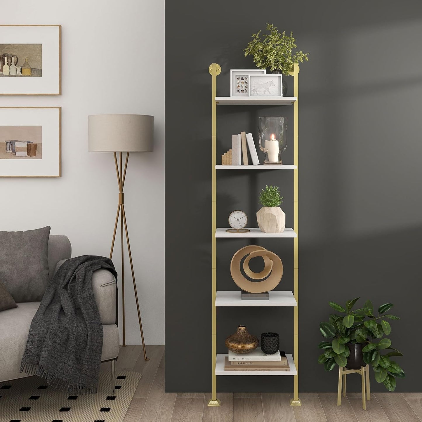 Axeman 5-Tier Ladder Bookcase, Tall Narrow Bookshelf for Small Spaces, Modern Book Storage Organizer Case Open Shelves for Living Room, Bedroom，Office, Library, Gold and White
