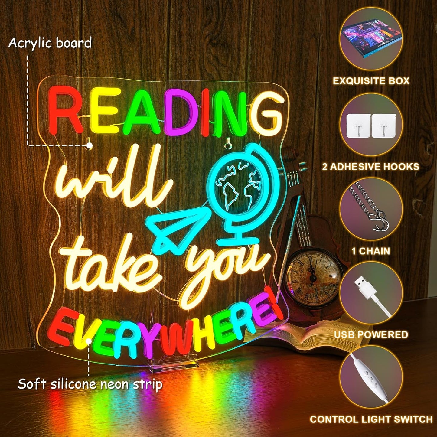 Study Neon Signs Reading Will Take You Everywhere Neon Sign Classroom Wall Decor Light Up Reading Corner Bedroom LED Learn Lights for Teens Room Books Lover Gifts for Teachers