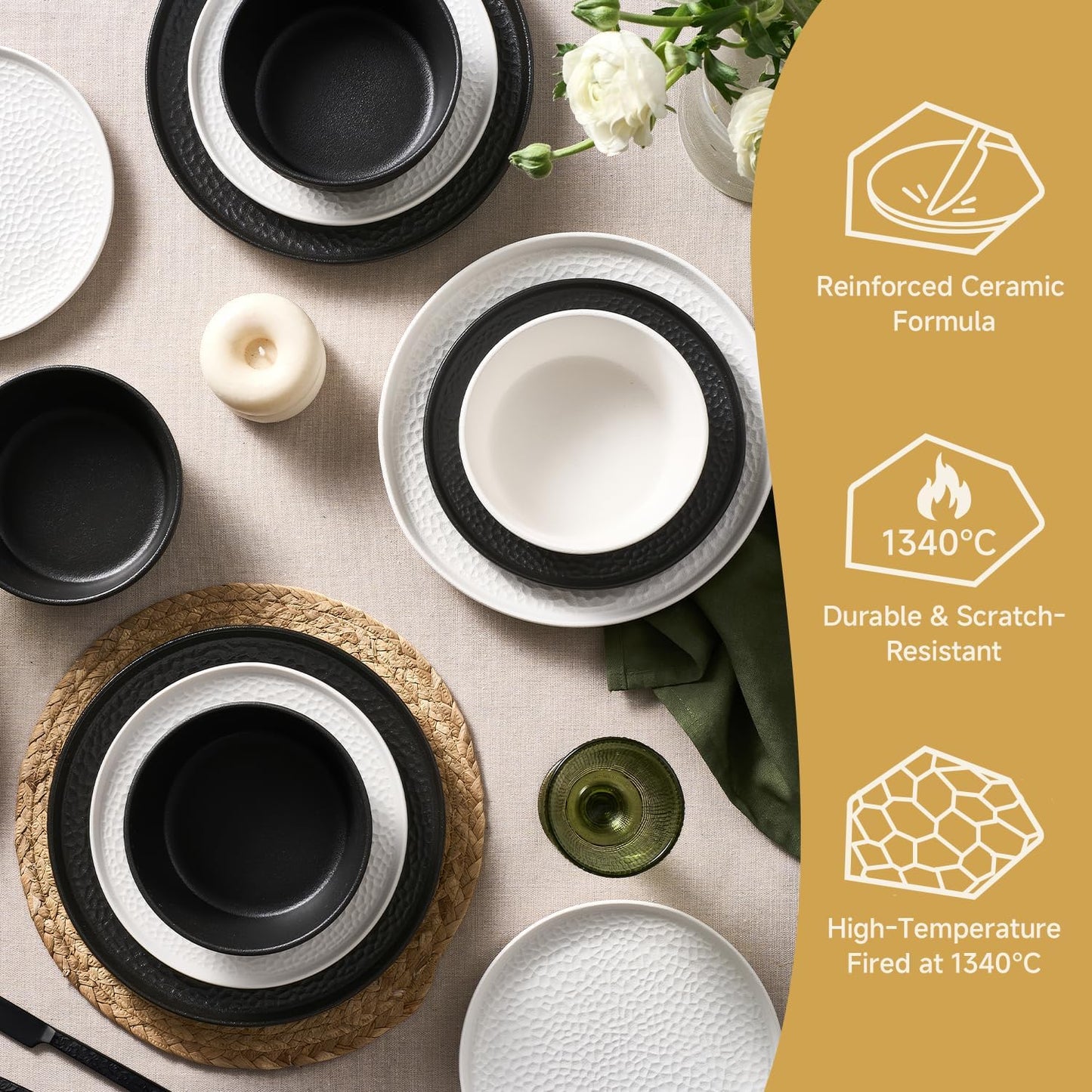 KINGSTONE Ceramic Dinnerware Set, 18-Piece Porcelain Plates and Bowls Set for 6, Matte Black or White, Hammered Texture, Microwave, Dishwasher & Oven Safe, Perfect for Home, Weddings & Gifts
