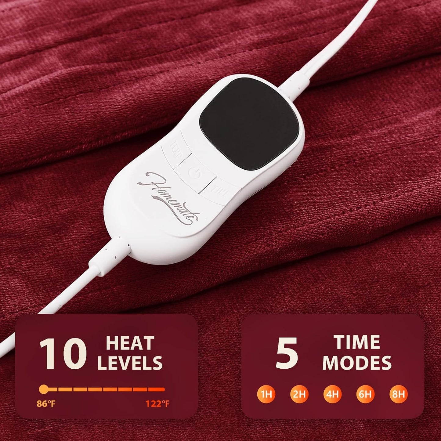 Homemate Electric Heated Blanket Full Size - 72"x84" Heating Blanket Full Size 1/2/4/6/8 Hours Auto-Off 10 Heat Level Over-Heat Protection Flannel Sherpa ETL Certification