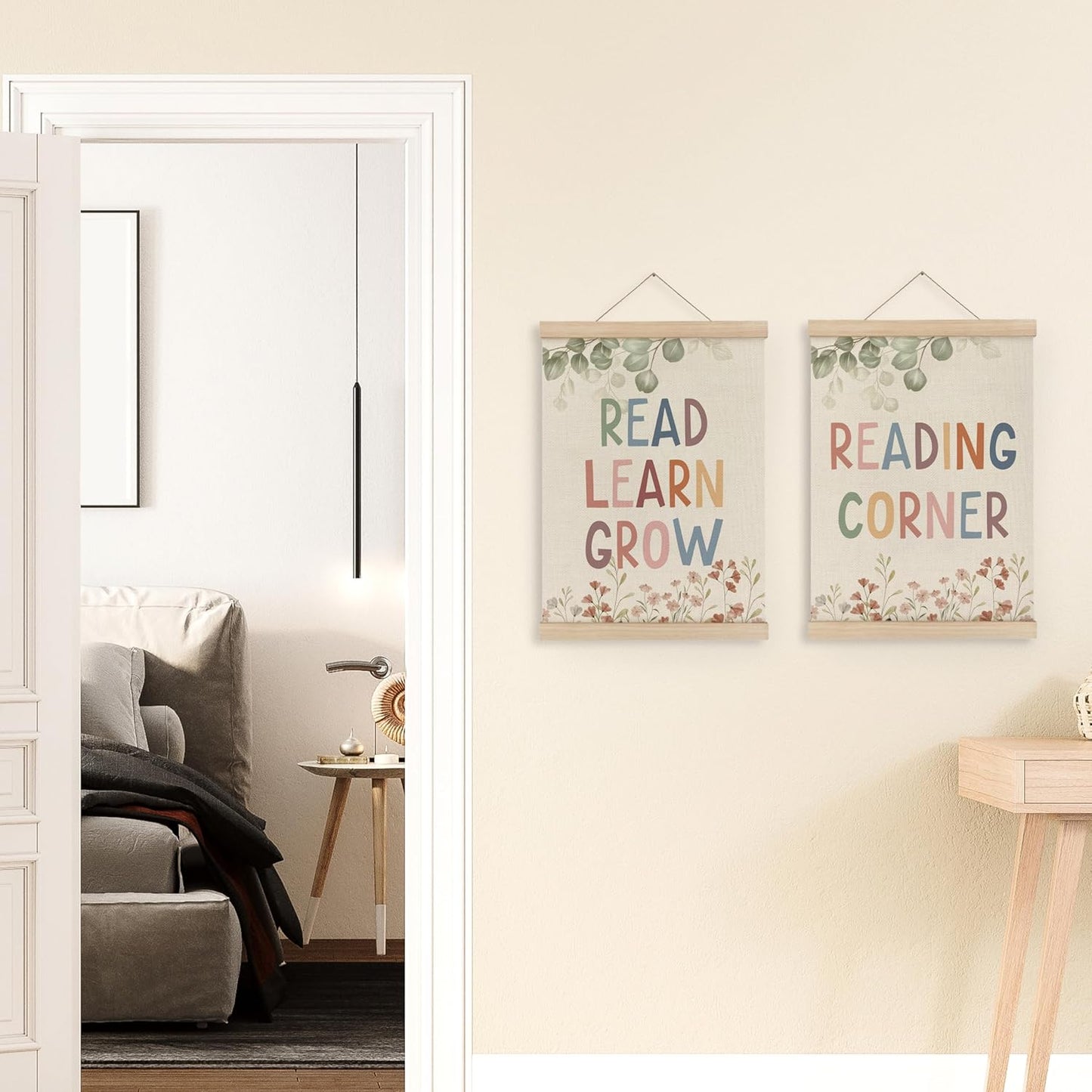 MAQIKA Boho Reading Corner Decor Poster Framed with Wood Hanger Set of 2, Playroom Wall Decor, Read Sign Hanging Wall Decor,Wildflower Nursery Canvas Wall Art Paints for Playroom Classroom 12x16 Inch