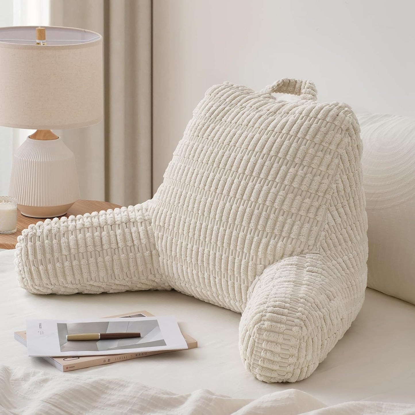 Shredded Memory Foam Reading Pillow with Arms — Pockets, Washable Cover, Bed or Couch