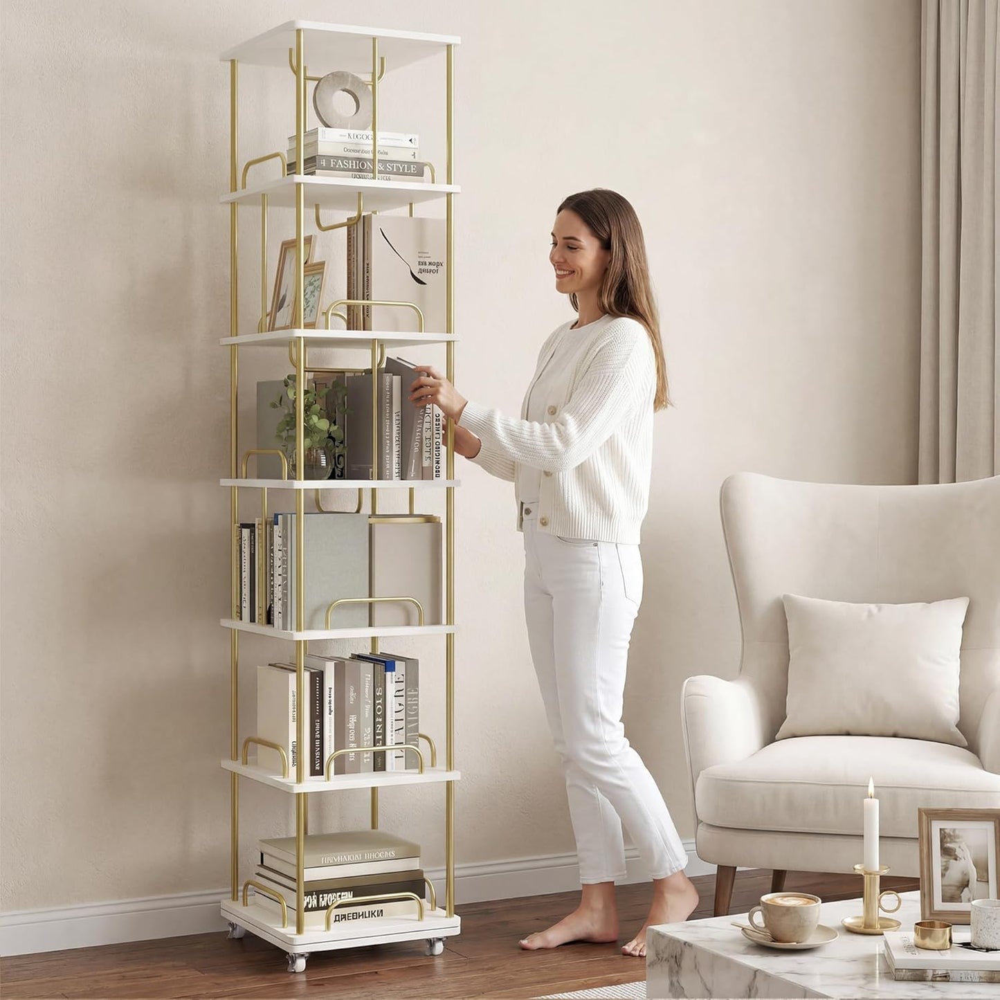 Rotating Bookshelf, 6 Tier Tall Skinny Revolving Bookcase Tower White Gold Modern Book Shelves Narrow Book Shelf with Wheels, 360° Floor Corner Spinning Bookcases for Living Room Bedroom