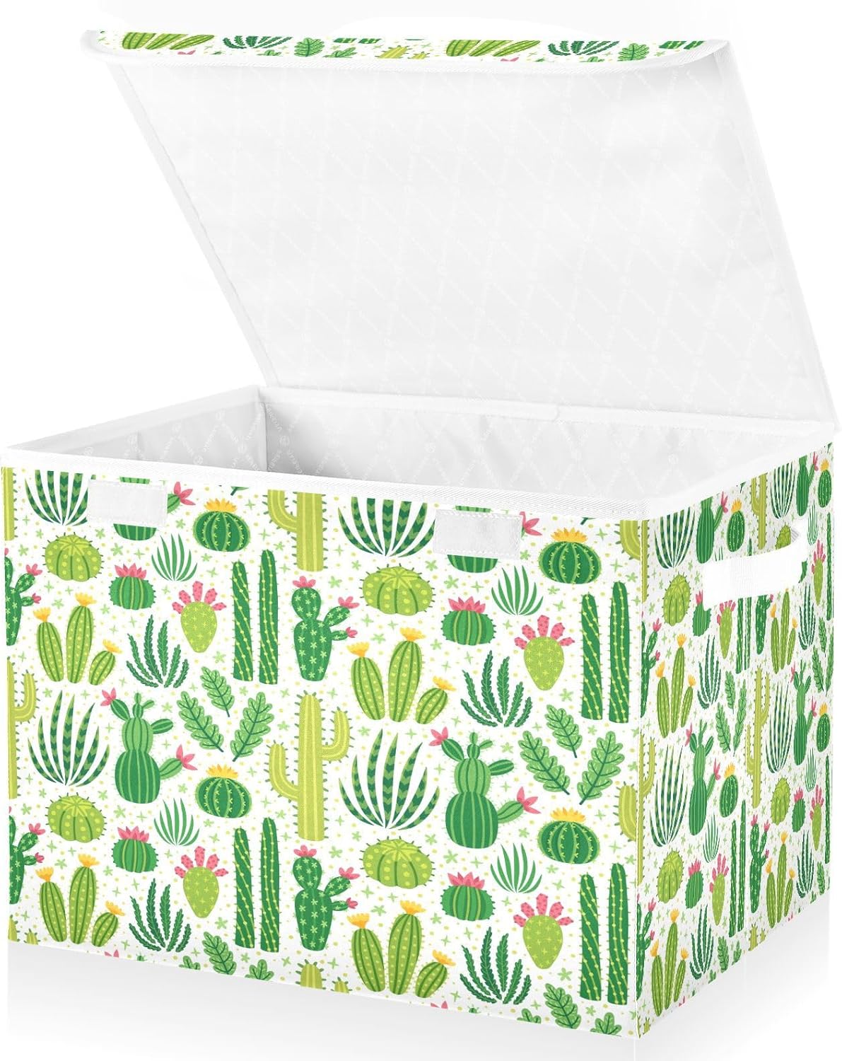 Large Collapsible Storage Bins with Lids, Green Cacti Storage Baskets Organizer Containers with Handles for Clothes