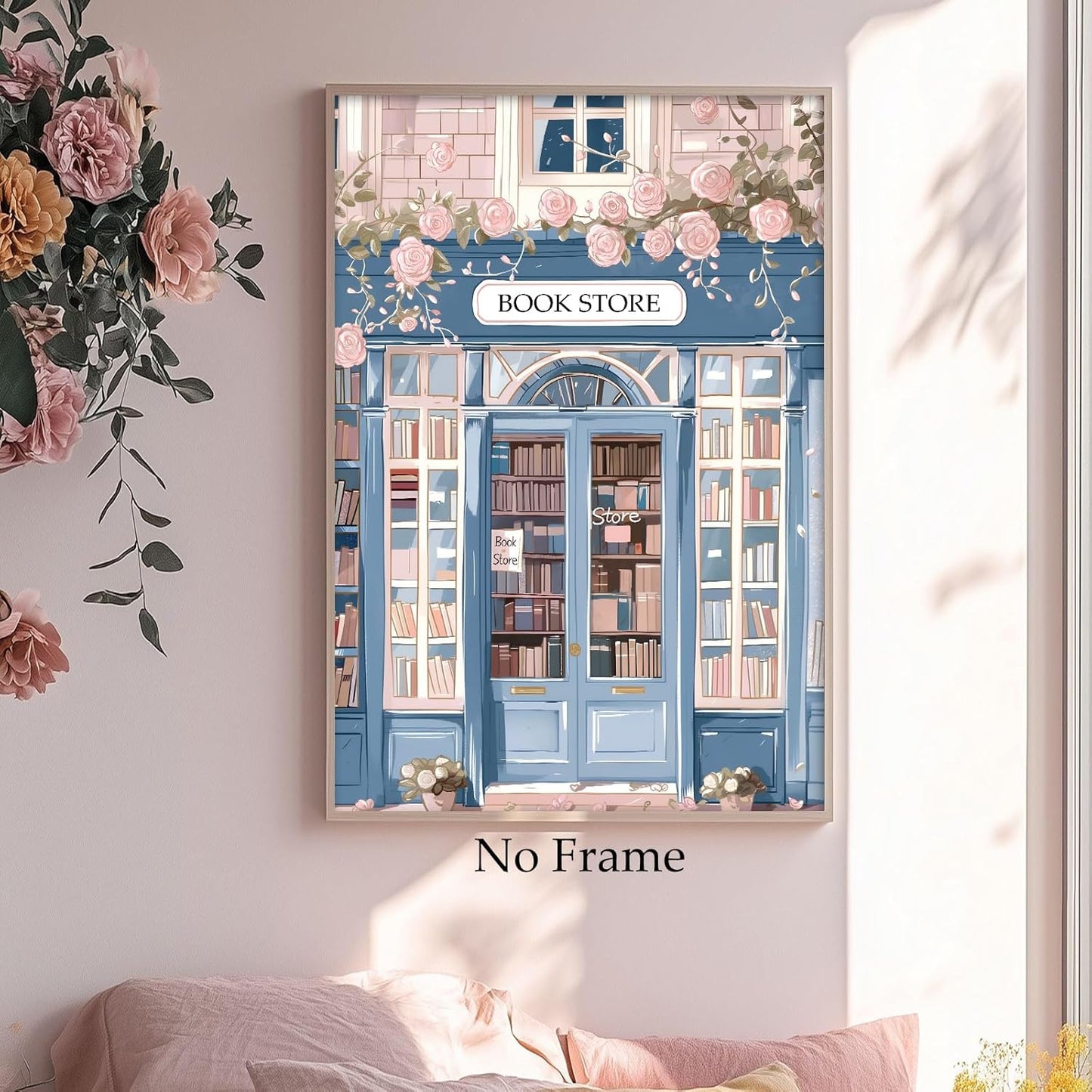 Book Store Poster Library Canvas Wall Art Pink Rose Painting Book Lover Pictures Pink and Blue Artwork Aesthetic Reading Wall Art Bookish Canvas for Room Romantic Library Artwork 16x24inch No Frame
