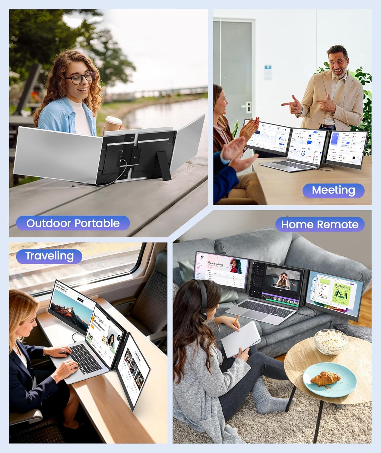 One Cable Laptop Screen Extender, 15.6” Ultra-Slim Triple Portable Monitor, 1080P FHD IPS Display, USB-C/USB-A Connection, Travel Monitor for 13–17.3" Laptops, MacOS/Windows/Android
