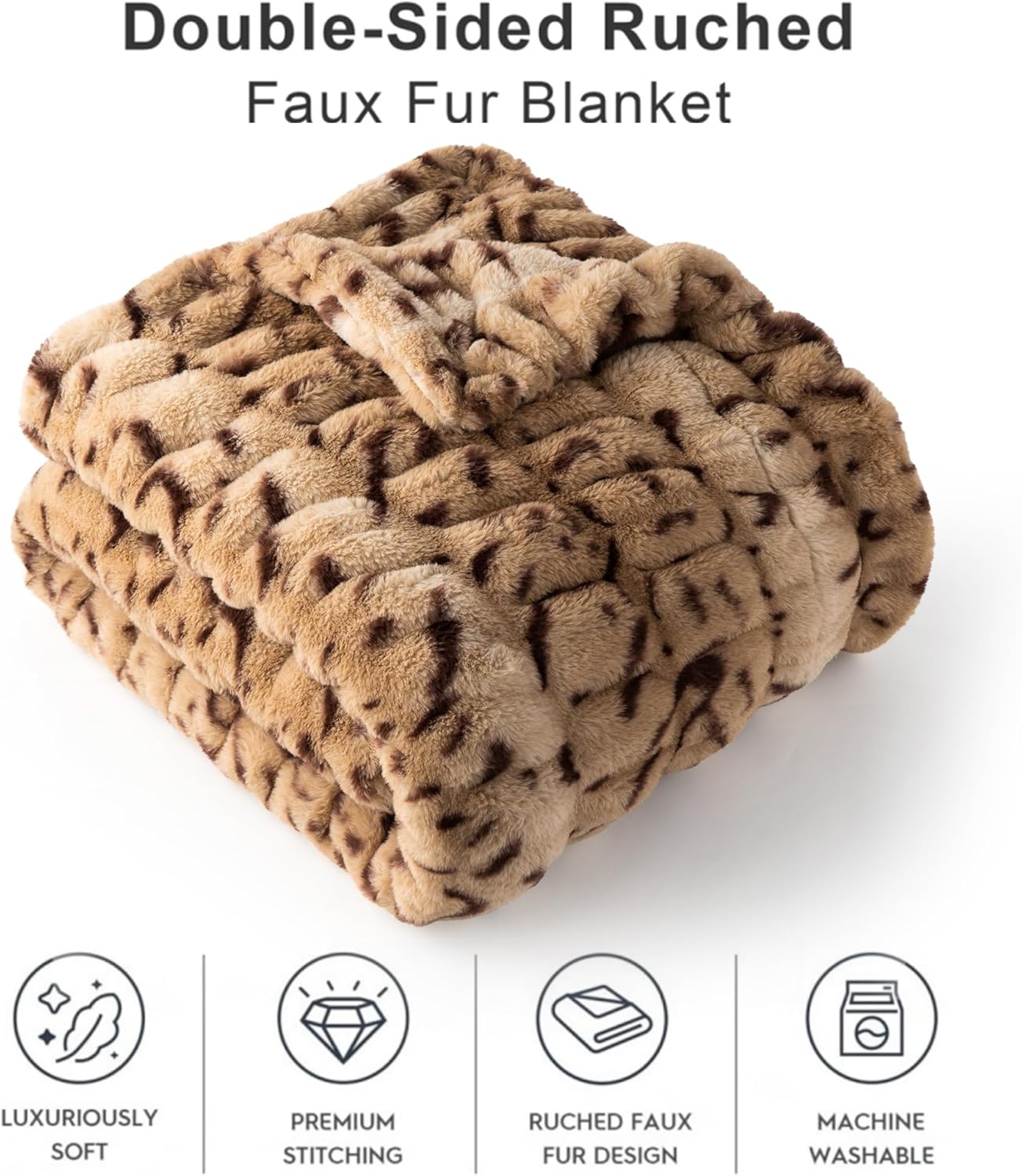 BATTILO HOME Luxury Ruched Faux Fur Throw Blanket Leopard Print, Double Side Soft Warm Rabbit Fur Blanket for Bed, Couch, Fall Throw Blanket for Home Decor, Large Cozy Mink Blanket 60"x80"