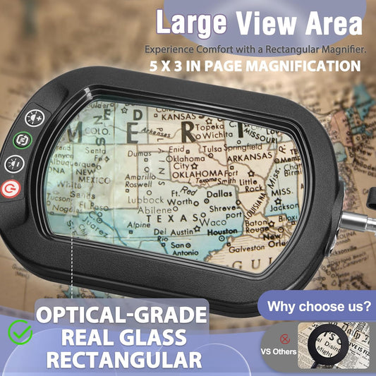 10X Large Rectangle Magnifying Glass with Light and stand, 5*3 Inch Real Glass 5 Color Modes Stepless Dimmable Arm Swing LED Floor Lamp, 3-in-1 Lighted Magnifier for Reading Painting Craft Close Work