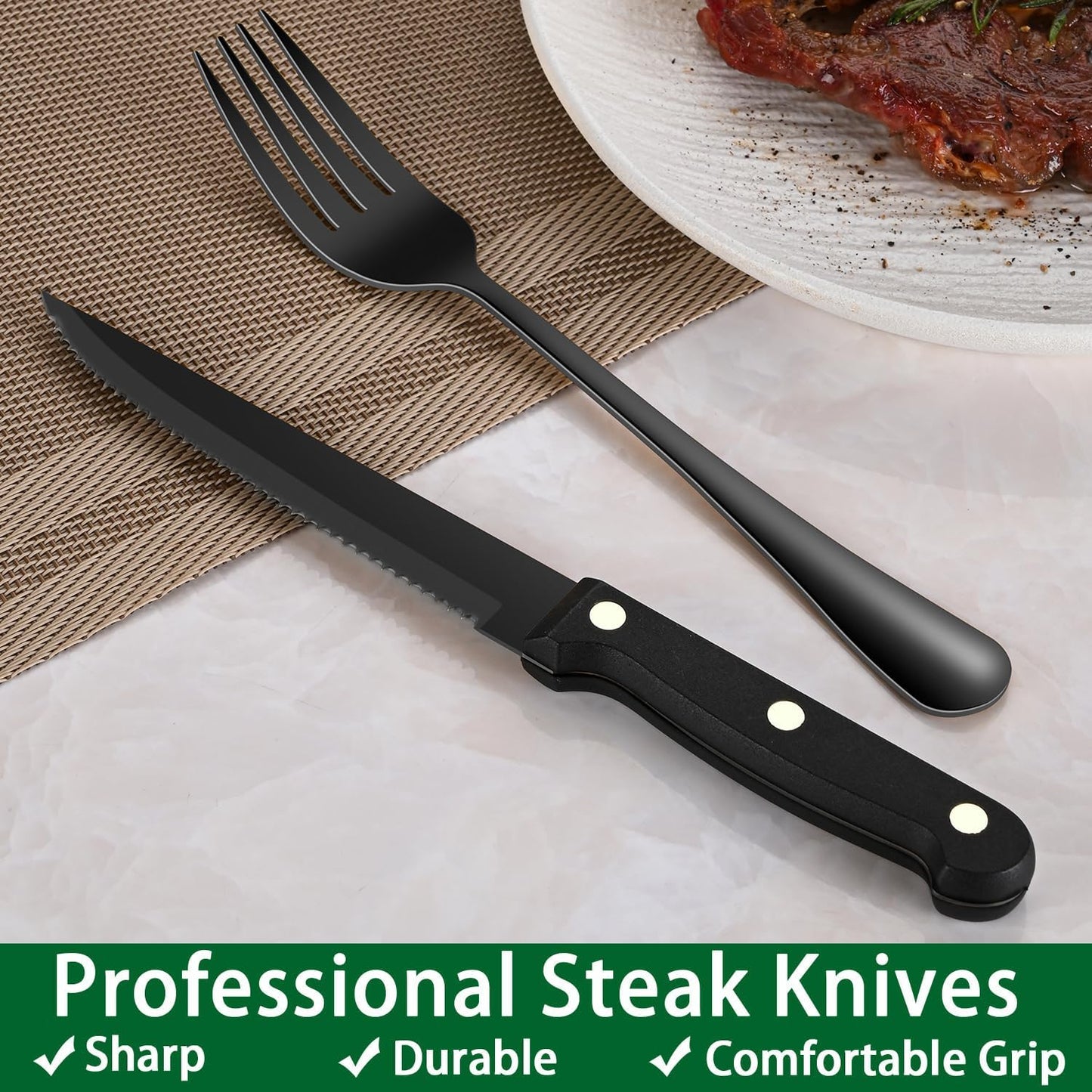 24-Piece Black Silverware Set with Steak Knives, Black Flatware Set for 4, Food-Grade Stainless Steel Tableware Cutlery Set, Mirror Finished Knife Spoon And Fork Sets for Home Restaurant