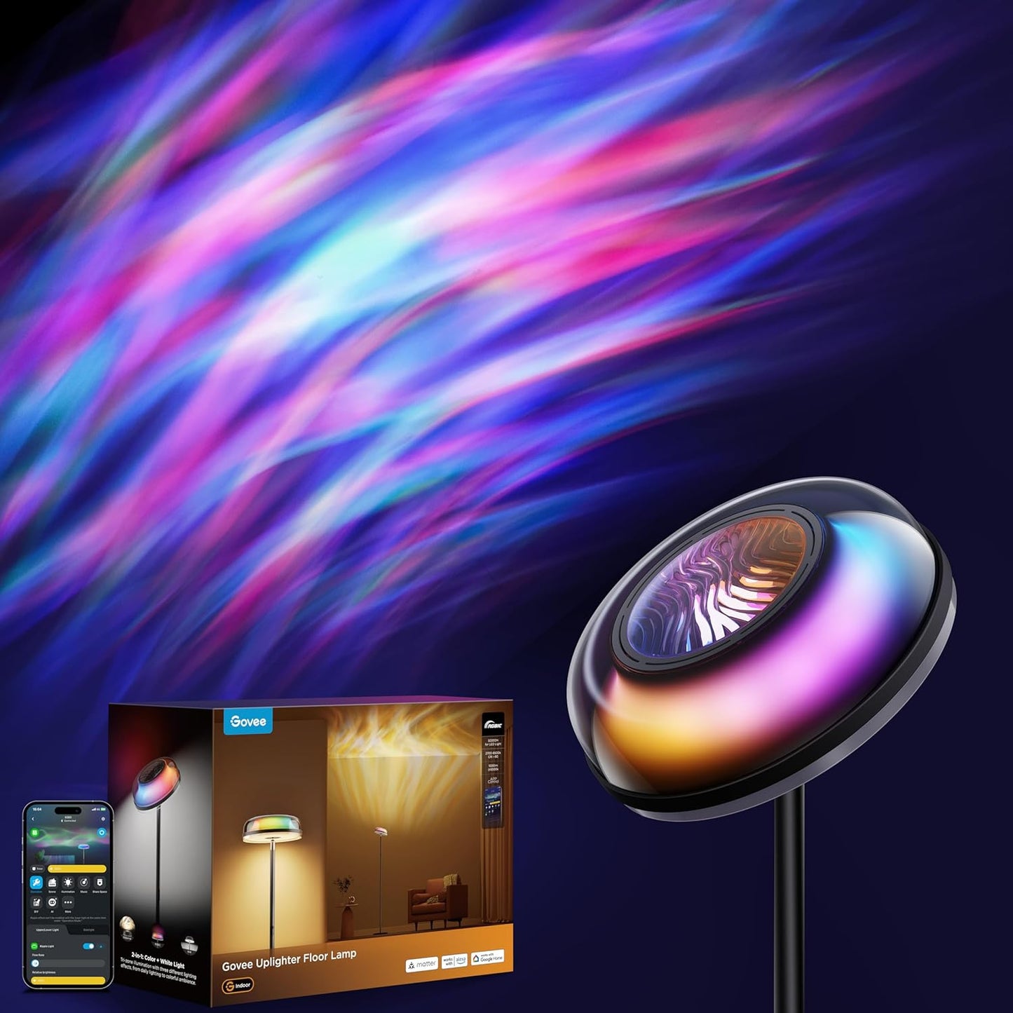 Govee Uplighter Floor Lamp for Living Room, RGBIC Ripple Projector, Floor Lamp for Bedroom, Compatible with SmartThings, Alexa, and Matter, LED Modern Corner Floor Light, Warm Cool White Standing Lamp