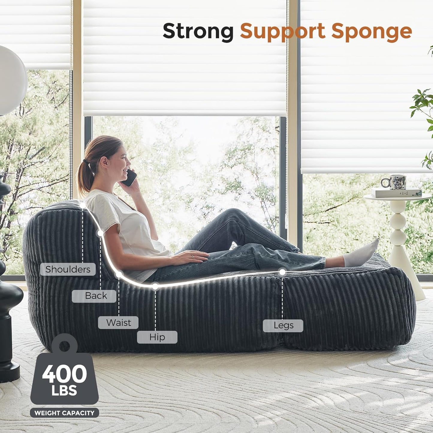 69 Inch Chaise Lounge Chair Indoor, Oversized Corduroy Upholstered Boneless Sofa Bed, Deep Seat Sleeper Couch Reading Chairs, Cloud Couches for Living Room Bedroom, No Assembly Required (Grey)