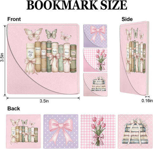 Pink Bow Leather Bookmarks, 4pcs Cute Bows Book Marks, Corner Page Book Marks, Reading Gifts for Women, Teachers, Students, Reading Lovers, Office (Tulips Floral Book Butterfly)