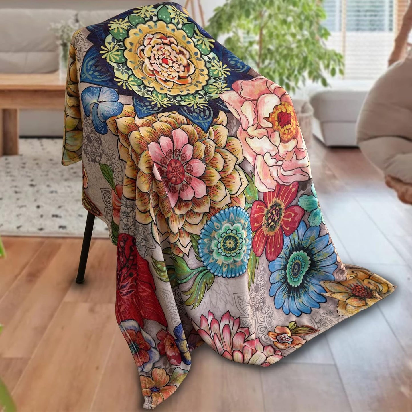 Neasow Floral Fleece Throw Blanket, Vibrant Color Boho Flowers Blossom Cozy Decor Throws for Sofa Bed Couch Chair or Dorm 50×60 inch